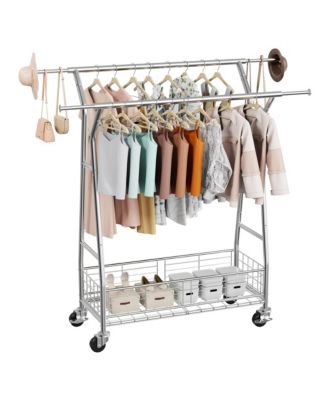 Clothes Rack, Rolling Clothing Garment Rack, Extendable Carbon Steel Clothing Racks with 2 Hanging Rods and Storage Basket for Living Room