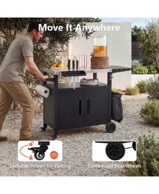 Outdoor Grill Cart with Drop Leaf, Metal Bar Cart with Wheels, Stainless Steel Top, Storage Cabinet, Spice and Paper Rack for BBQ