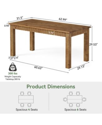 63-Inch Solid Wood Dining Table for 6, Farmhouse Kitchen Table, Rectangular Wood Dinner Table for Dining Room, Living Room