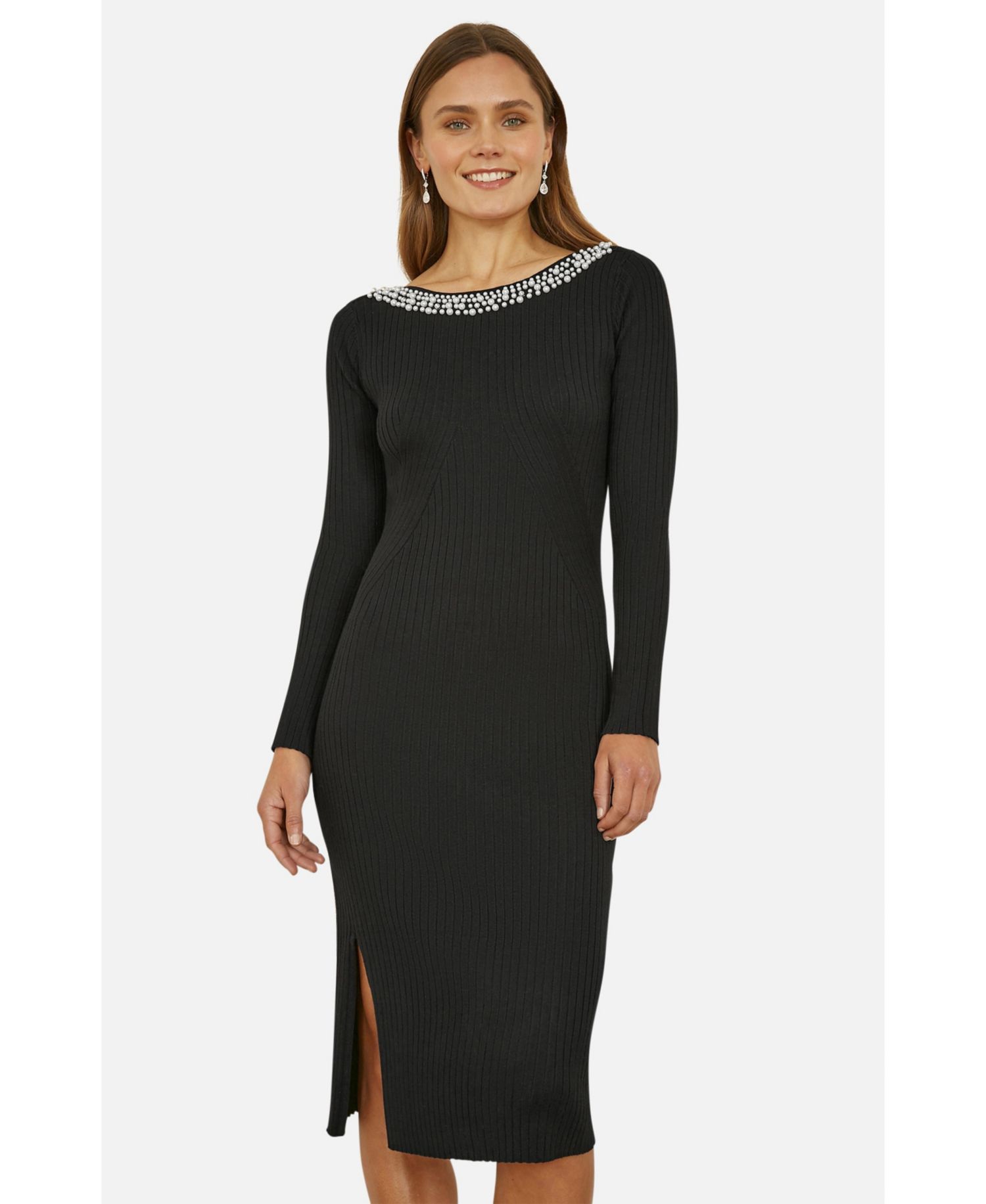 Women's Bedazzled Neck Fitted Midi Knitted Dress