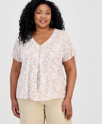 Plus Size Dolce Scroll V-Neck Zipper Top