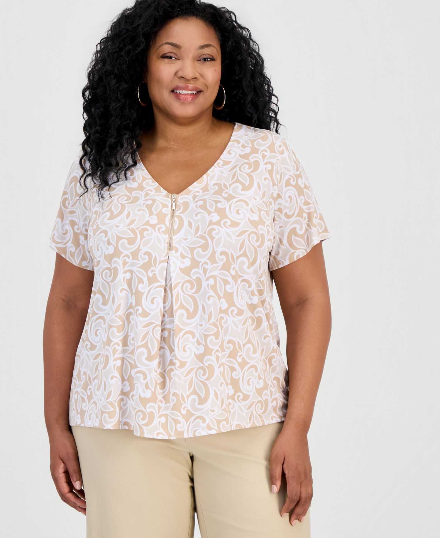 Petite Scroll Zipper V-Neck Top