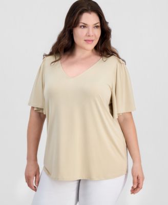 Plus Size Solid V-Neck Flutter-Sleeve Top