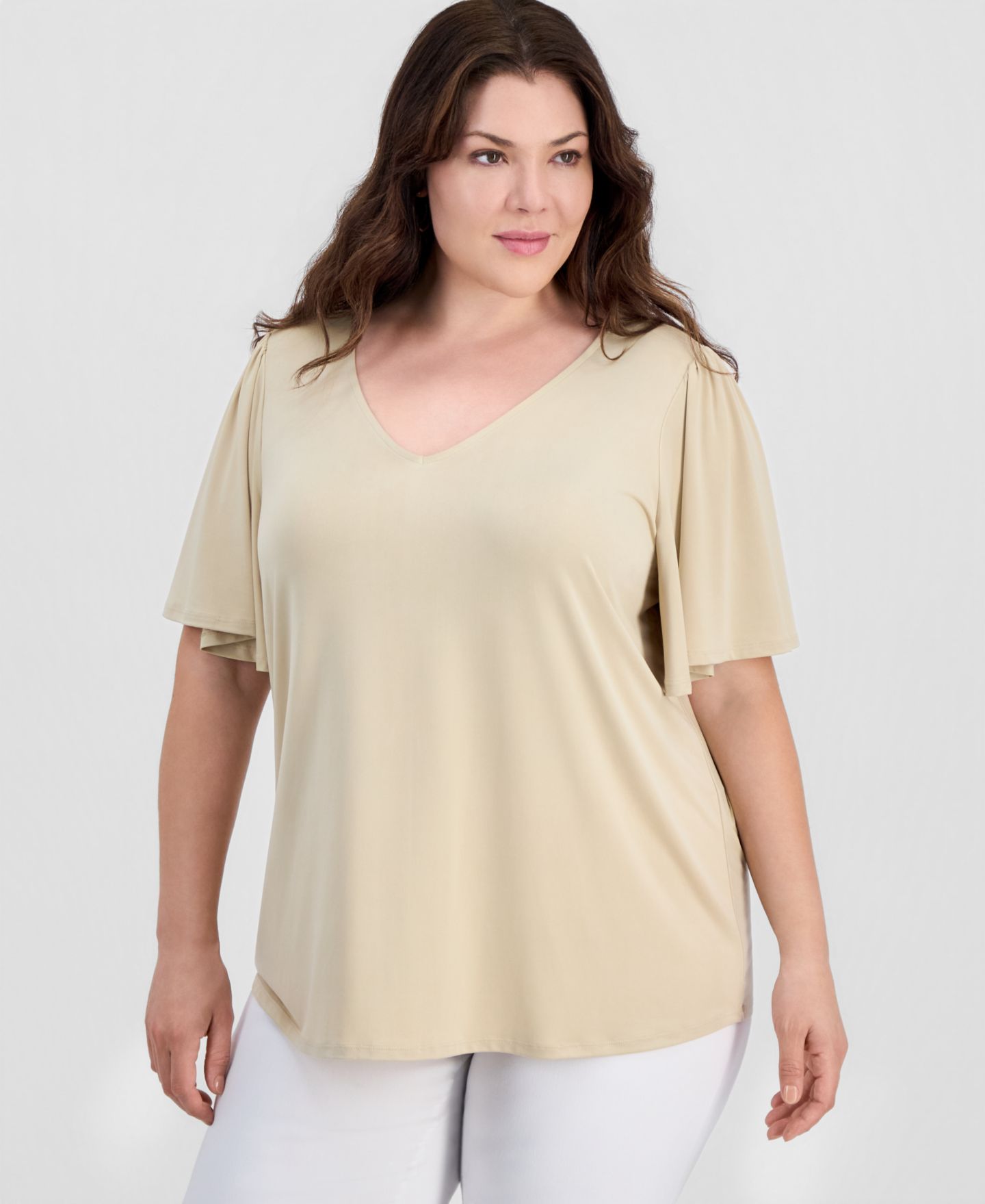 Женский топ JM Collection Plus Size Solid V-Neck Flutter-Sleeve Top, цвет: Кофейный — фото 1