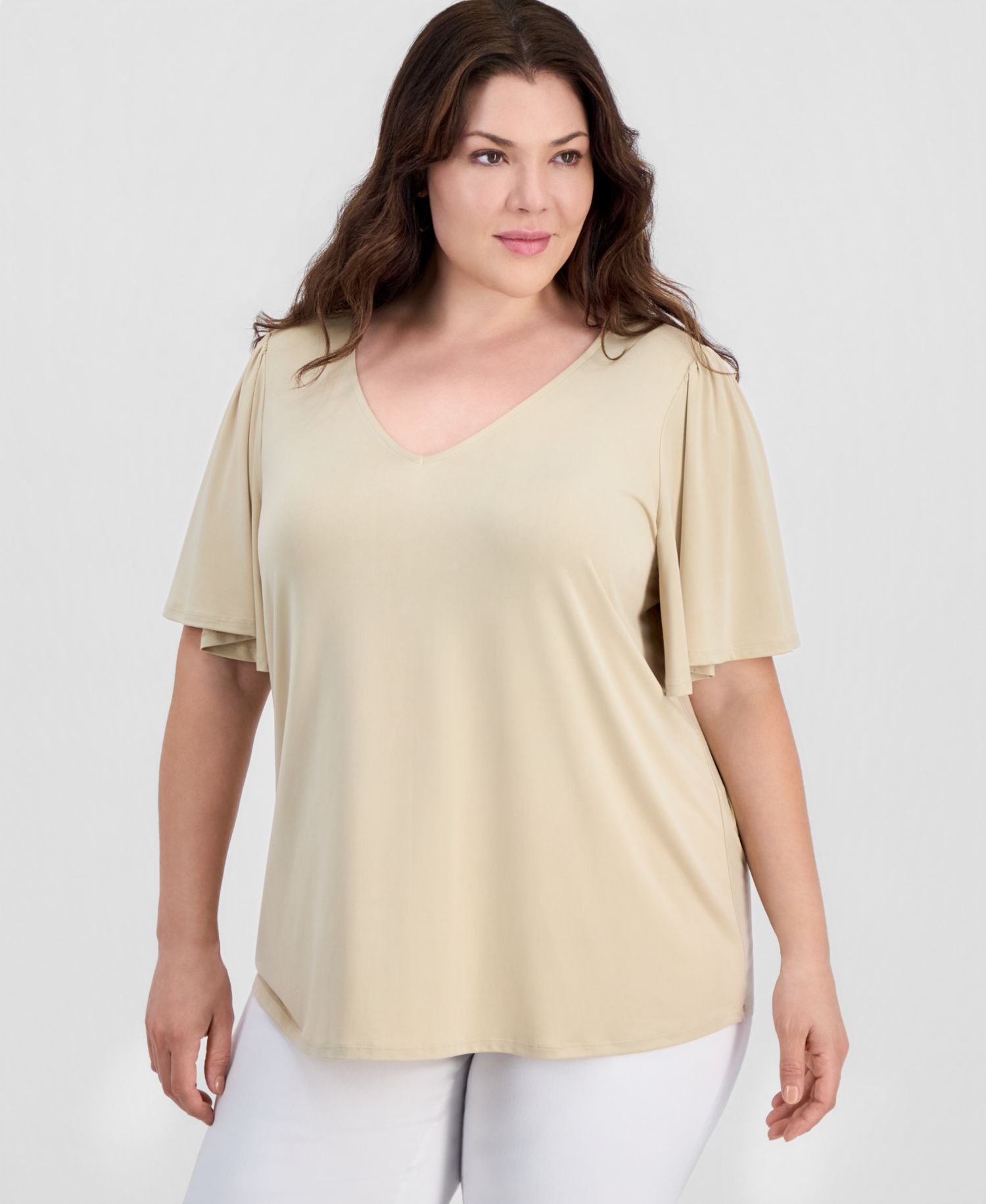 Plus Size Solid V-Neck Flutter-Sleeve Top