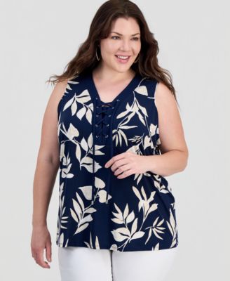 Plus Printed Lace-Up Sleeveless Top