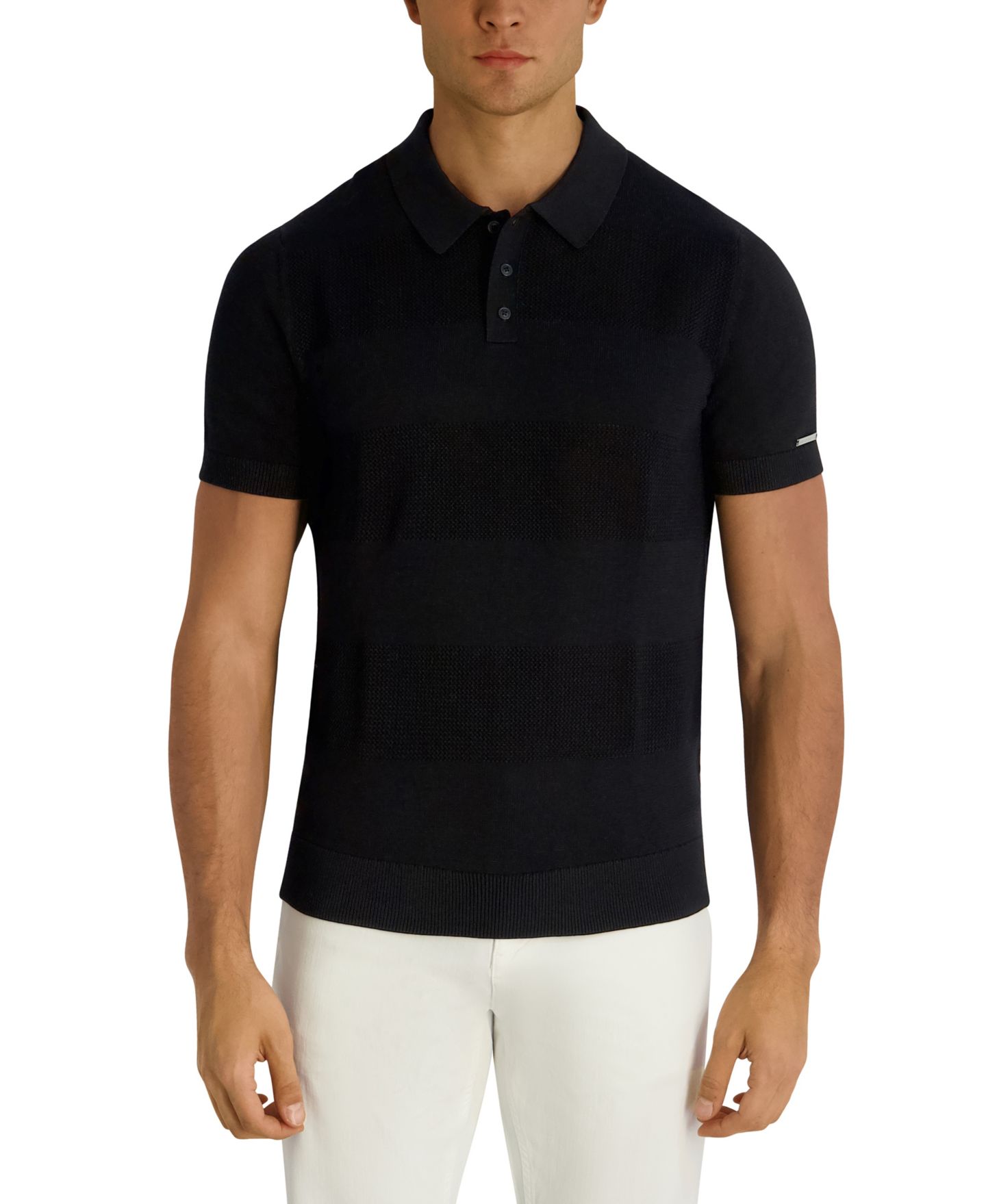 Мужской свитер KARL LAGERFELD PARIS Short-Sleeve Regular-Fit Spread Collar Polo Sweater, цвет: Чёрный — фото 1