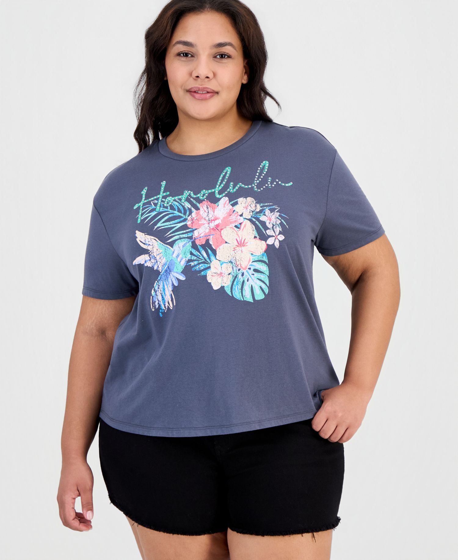 Trendy Plus Honolulu Rhinestone Printed-Graphic Tee