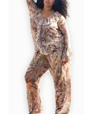 Women's Curve V-Neck Ruffle Printed Resort Top