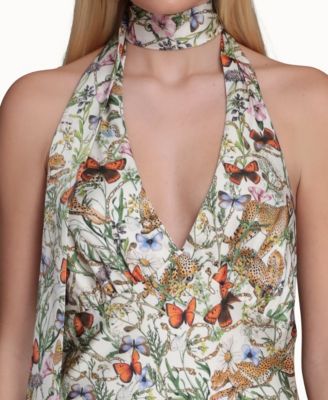 Women's Printed Halter Scarf-Tie Maxi Dress