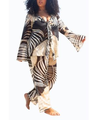 Women's Curve Tonal Palm Print Ruffle Resort Top