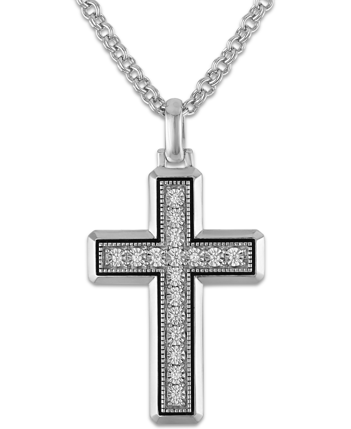 Macy's Men's Diamond (1/8 ct. t.w.) Cross Pendant Necklace in Sterling Silver