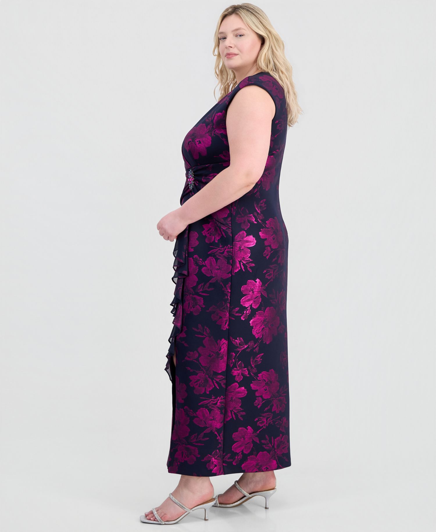 Plus Size Ruffled Brooch-Embellished Dress