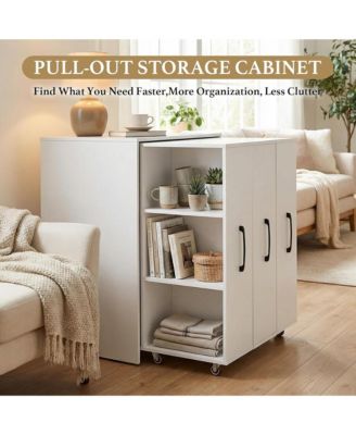 3-Tier Rolling Bookcase with Pull-Out Doors, Hidden Storage Cabinet with Wheels for Home Office, Living Room