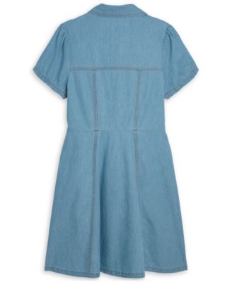 Girls' 7-16 Embroidered Short-Sleeve Denim Shirtdress