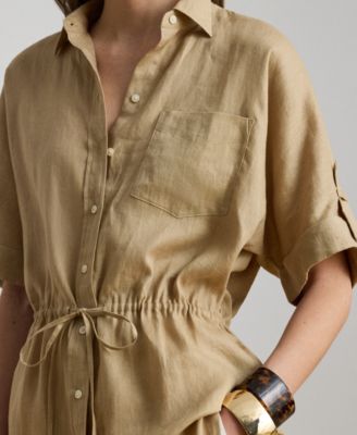 Petite Linen Drawcord-Waist Collared Tunic Top