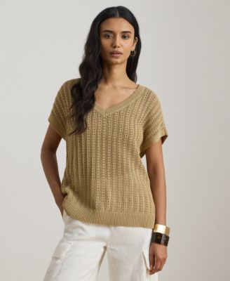 Petite V-Neck Open-Knit Sweater