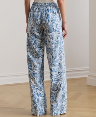 Petite Paisley-Print Linen Wide-Leg Pants