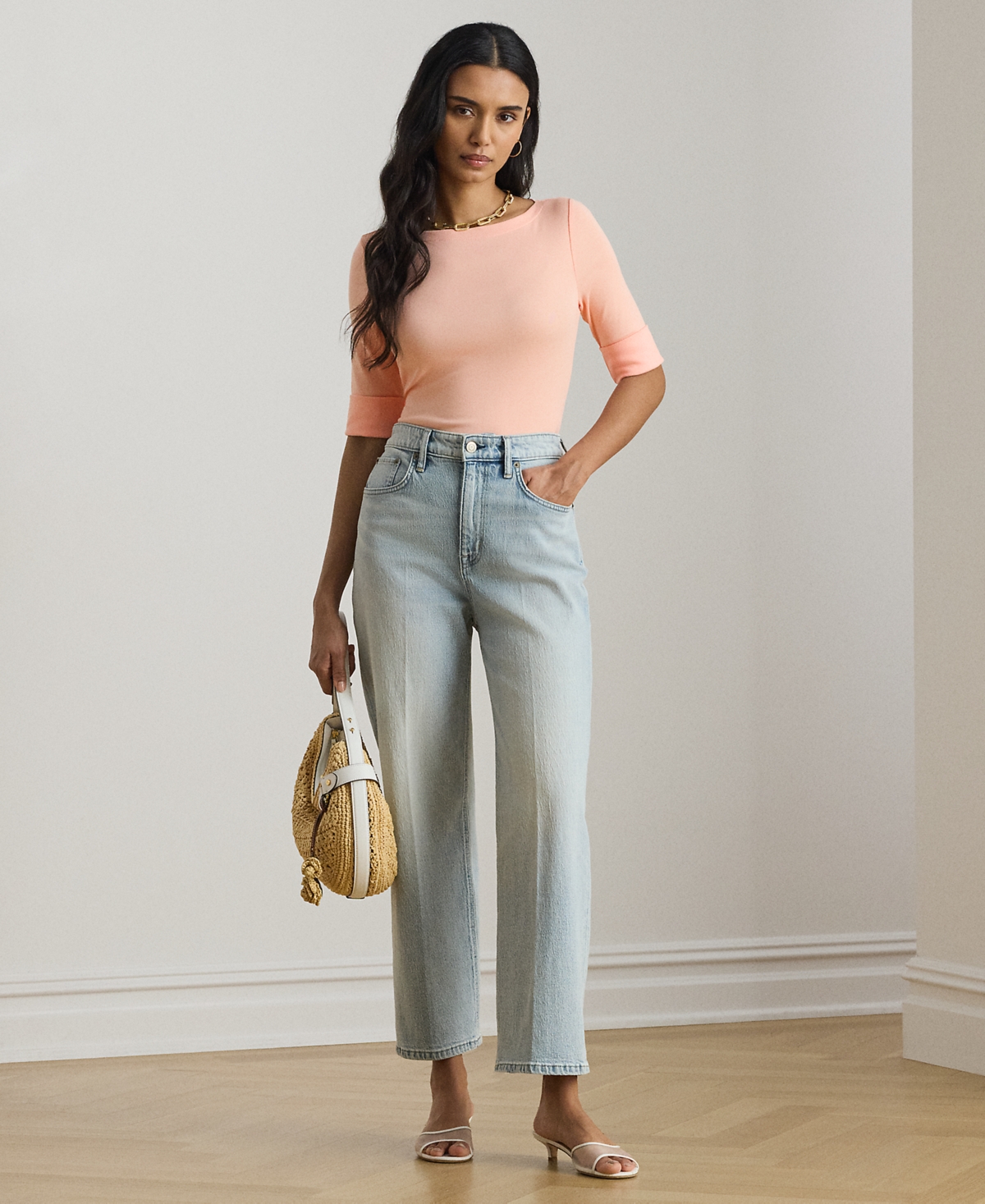 Lauren Ralph Petite Stretch Cotton Boatneck Tee