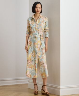 Petite Floral-Print Belted Collared Shirt Dress