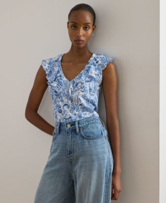 Petite Paisley-Print Ruffle-Trim Sleeveless Top