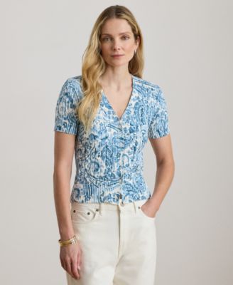 Petite Paisley-Print Cable-Knit V-Neck Cardigan