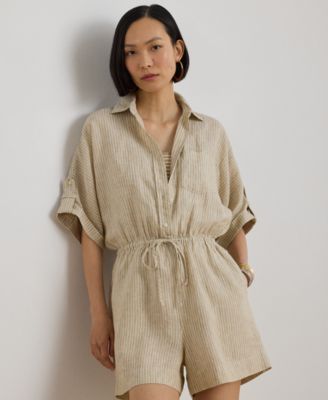 Petite Striped Linen Roll-Tab-Sleeve Romper