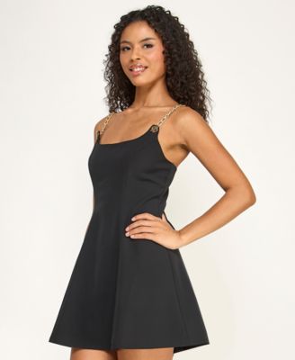 Juniors' Scoop Neck Chain-Link Straps Flared Dress