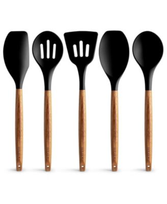 5 Piece Silicone Utensils Set with Authentic Acacia Wood Handles
