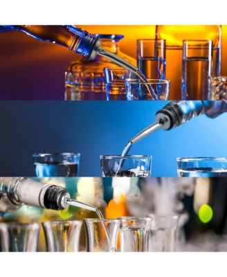 Stainless Steel Liquor Bottle Pourers with Rubber Dust Caps - 12 Pack