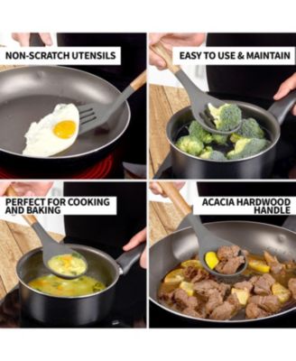 5 Piece Silicone Utensils Set with Authentic Acacia Wood Handles