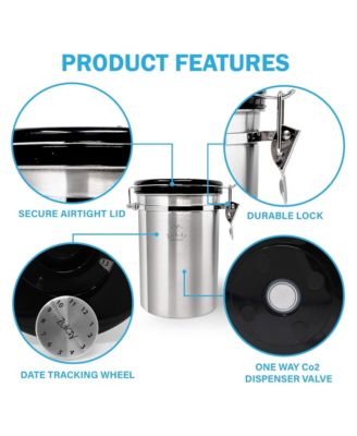 Coffee Storage Canister with Scoop, Date Tracker, Built-In One-Way CO2 Valve & 2 Spare Filter Replacements