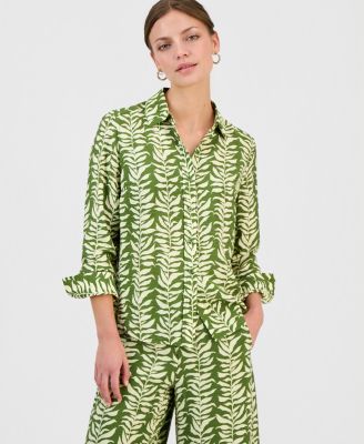 Petite Printed Long-Sleeve Button-Front Blouse