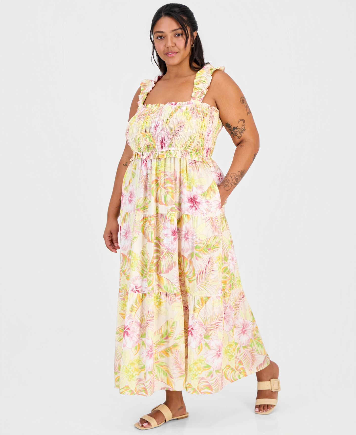 Женское платье FULL CIRCLE TRENDS Plus Size Poof Strap Square Neck Rayon, цвет: Clarissa Tropical — фото 4