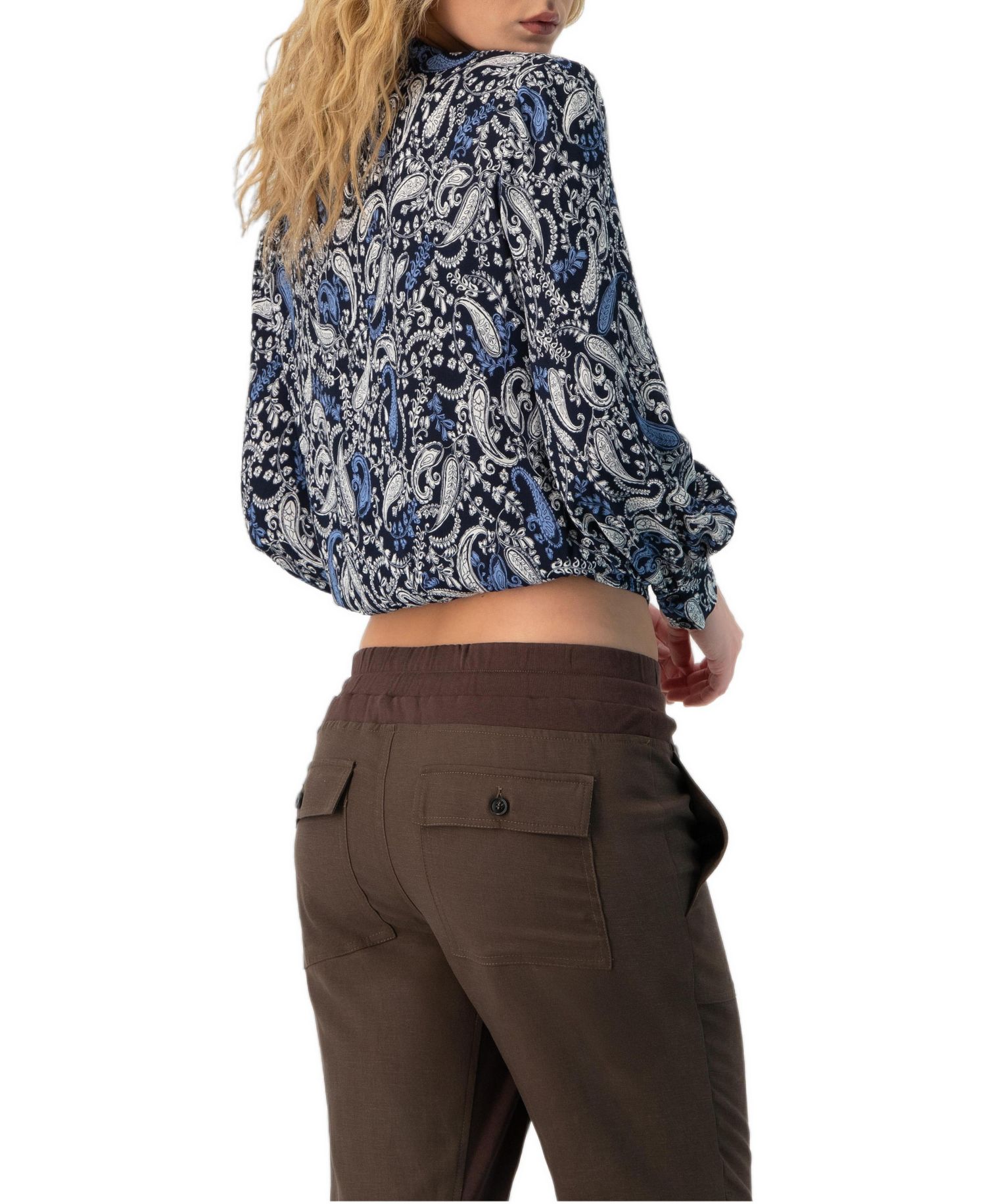 Women's Long Sleeve Paisley V-Neck Blouse