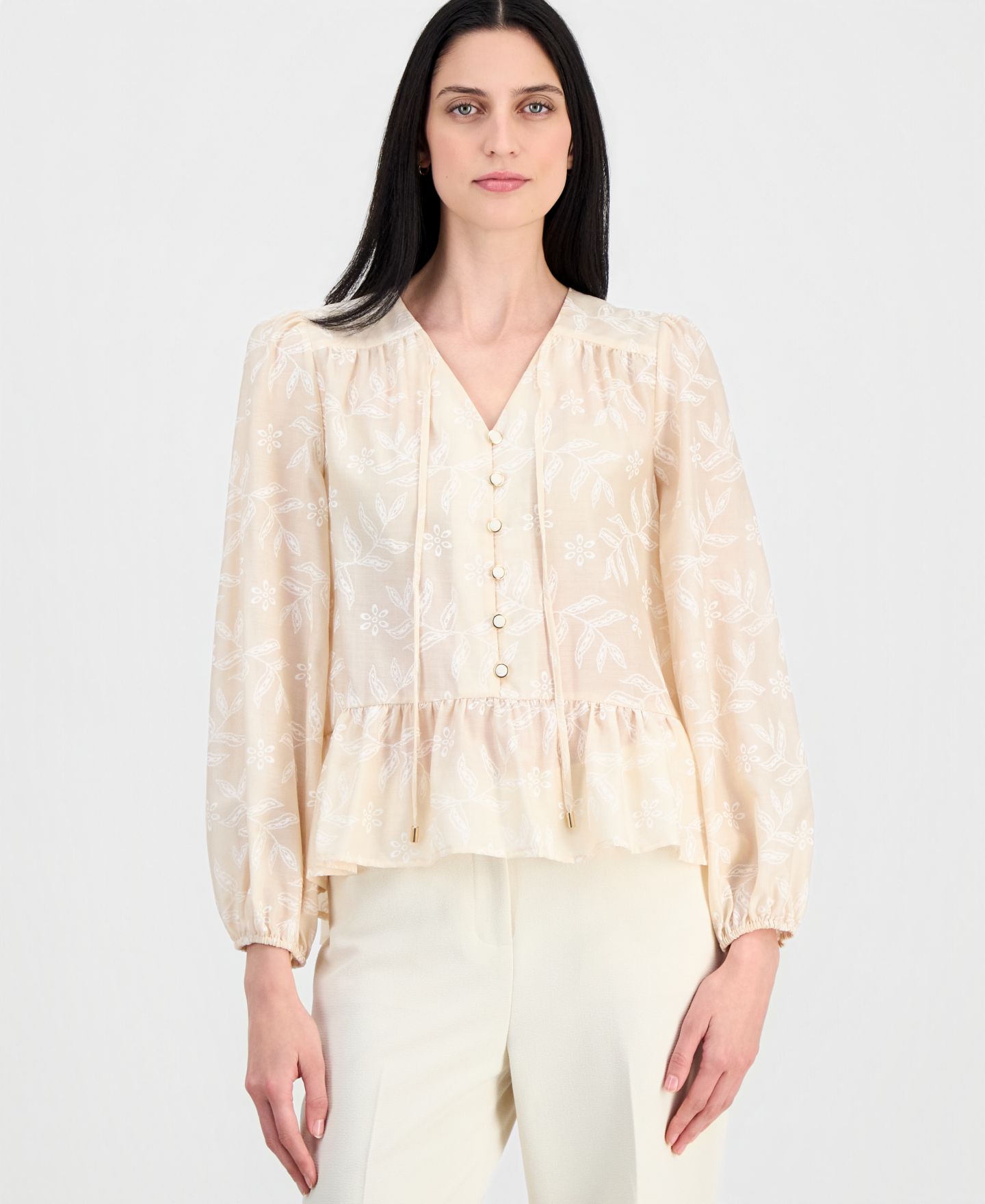 Женская блузка Tahari ASL Long-Sleeve Peplum Blouse, цвет: Песочная слоновая кость — фото 1