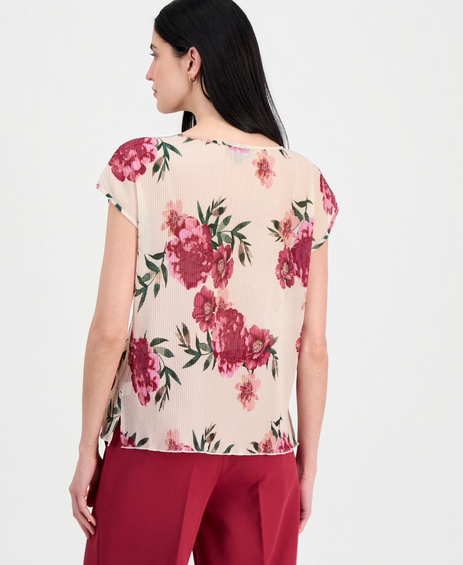 Women's Pleated Floral Boat-Neck Top