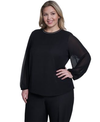 Plus Size Crew Neck Long-Sleeve Blouse