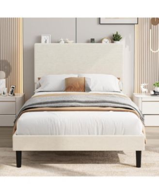 Bed Frame with USB Charging Station, Corduroy Upholstered Platform Bed Frame with Adjustable Storage Headboard, Wooden Slats Support