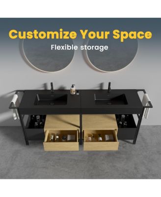 Industrial Double Bathroom Vanity with Artificial Stone Sinks, Large Freestanding Bathroom Vanity without Faucet