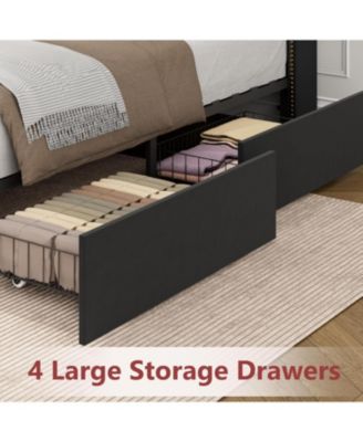 King Size Bed Frame with 4 Storage Drawers, Velvet Fabric Upholstered Platform Bed with Tufted Headboard, Wooden Slats, No Box Spring Required