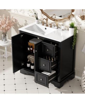 36" Transitional Bathroom Vanity with Ceramic Sink, Solid Wood & MDF, 2 Soft-Close Doors, 3 Drawers, Adjustable Shelf for Storage