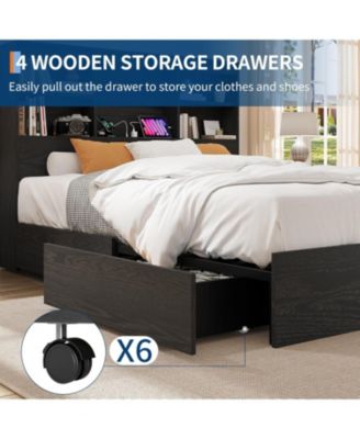  Bed Frame with High Storage Bookcase Headboard, Wood Bed Frame with 4 Storage Drawers, Built in Charging Station, No Box Spring Needed