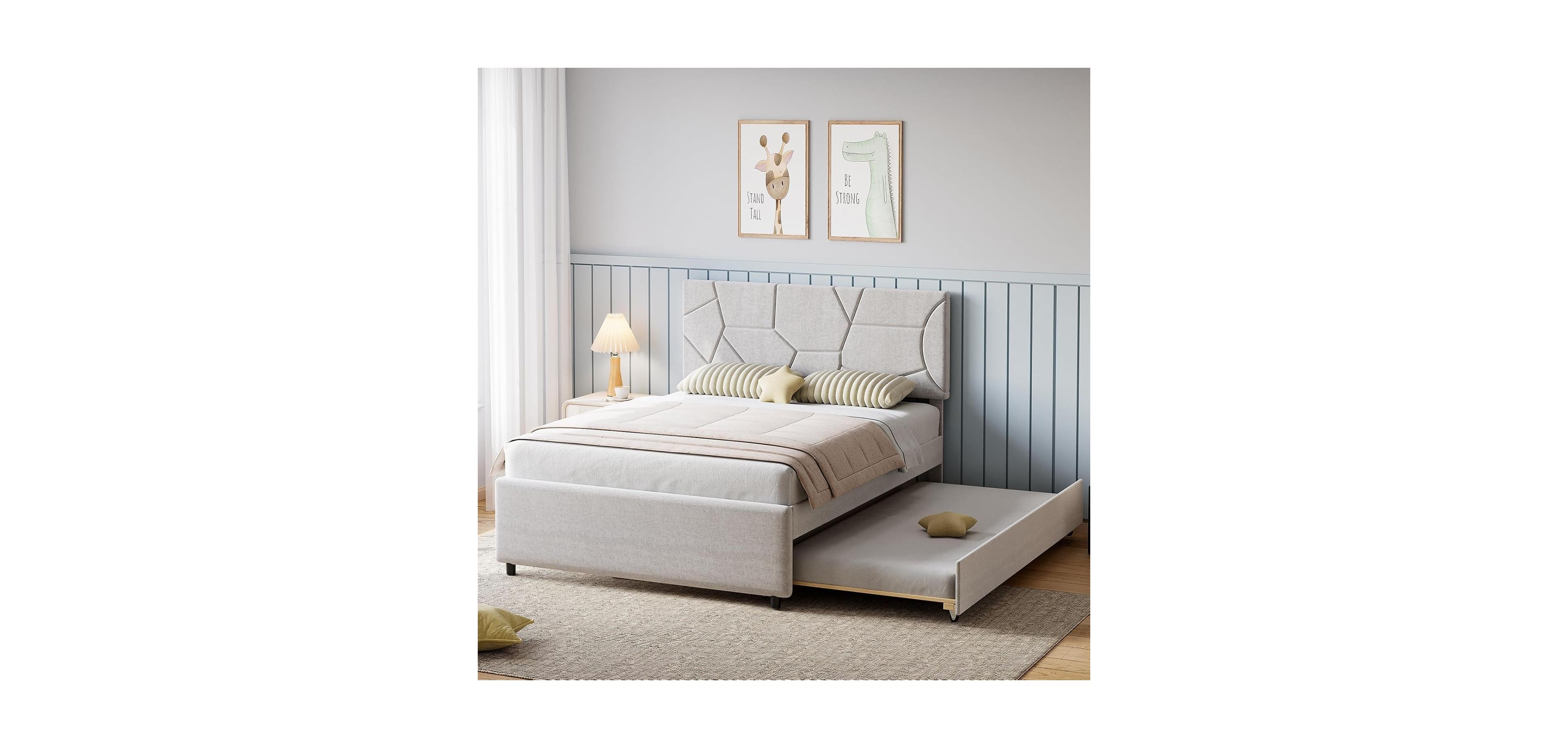 gaomon Trundle Bed Upholstered Platform Bed Frame, Pull Out Bed with Headboard, Wood Slat Support, for Bedroom, Living Room