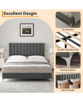 Queen Velvet Platform Bed with Adjustable Headboard