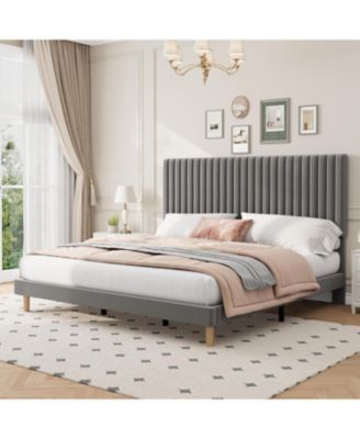 King Bed Frame with Adjustable Headboard, Velvet Upholstered Platform King Size Bed Frame, Vertical Channel Tufted, Strong Wooden Slats