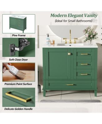 Bathroom Vanity with Ceramic Sink, Solid Pine Frame, Soft Close Drawers & Door for Small Spaces