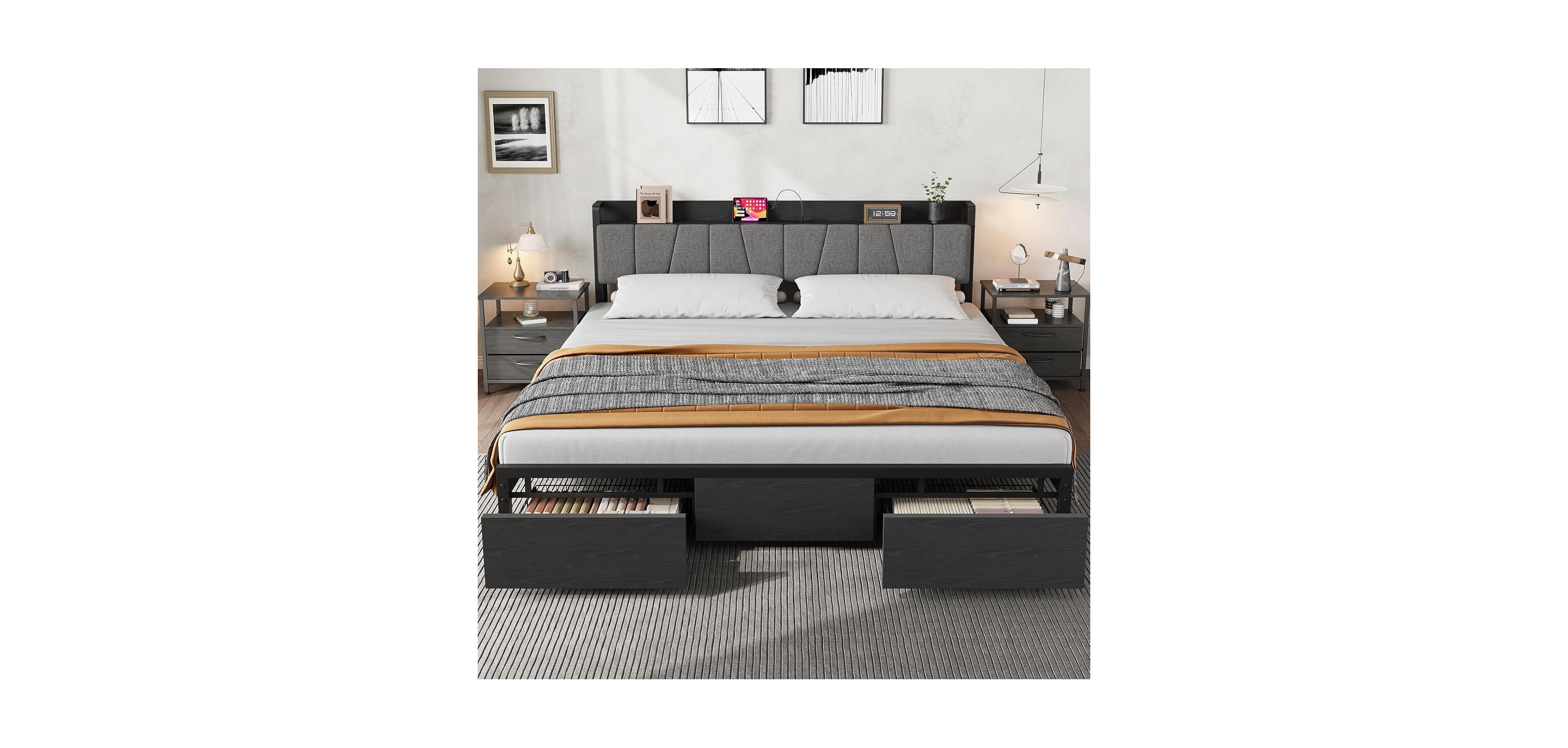 gaomon Bed Frame with Storage Headboard, Industrial Platform Bed with 2 Large Drawers and Charging Station