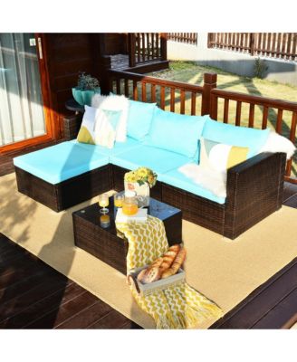 5PCS Cushioned Rattan Patio Conversation Set w/ Coffee Table Ottoman