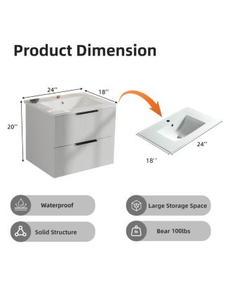 24" Wall Mounted Bathroom Vanity with Ceramic Sink, Fluted MDF Cabinet & Drawers for Modern Bathrooms
